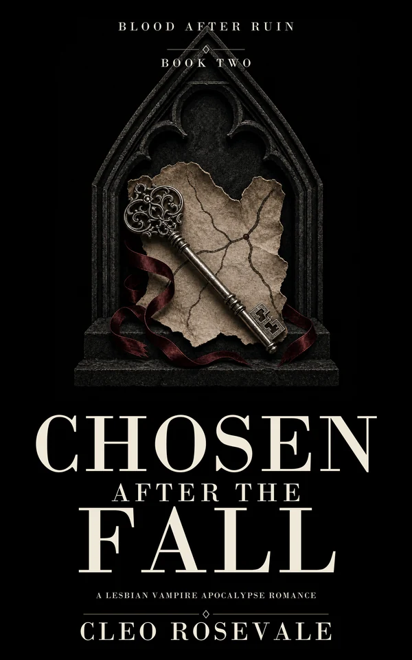 Chosen After The Fall by Cleo Rosevale: a silver key, map, and burgundy ribbon.