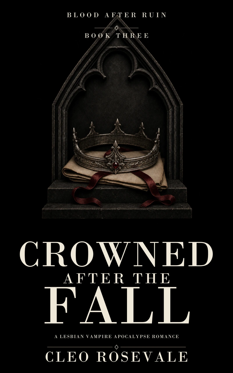 Crowned After The Fall by Cleo Rosevale: a silver crown on an ivory oath sheet with burgundy ribbon inside a black Gothic stone arch.
