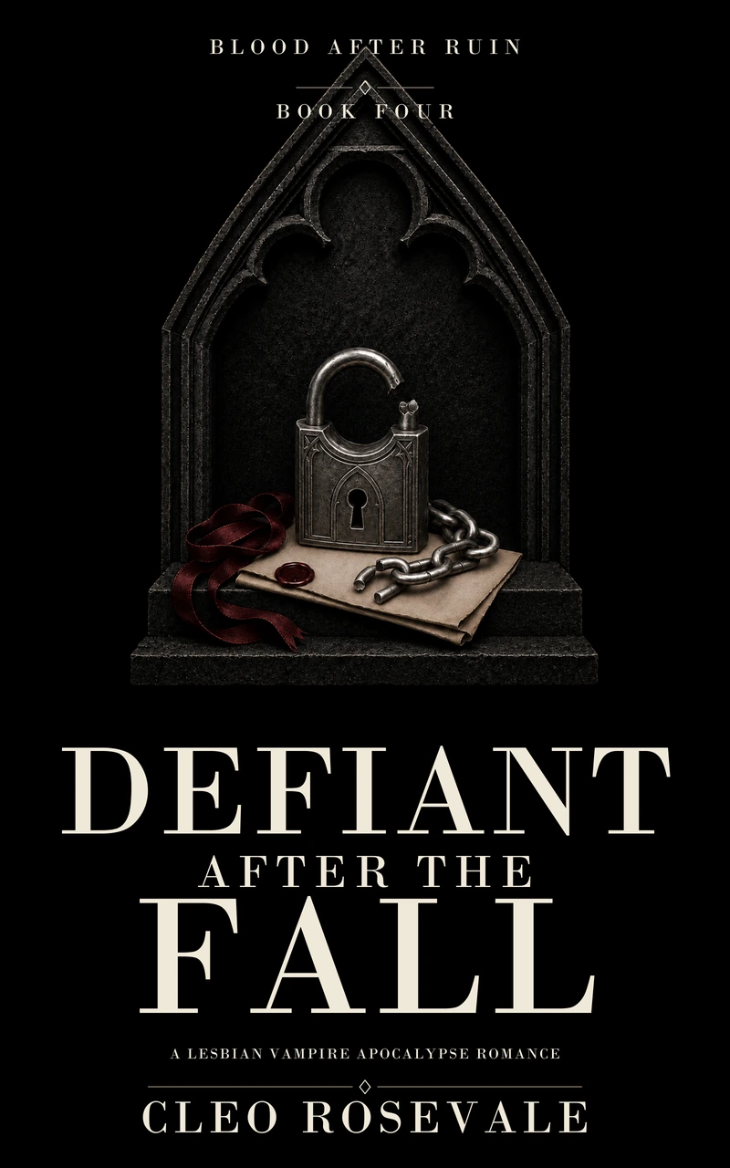 Defiant After The Fall by Cleo Rosevale: a broken silver lock and chain over an ivory covenant inside a black Gothic stone arch.