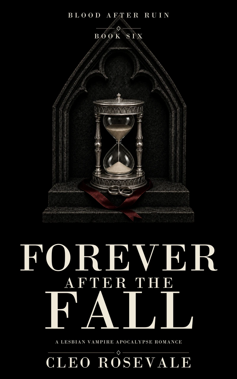 Forever After The Fall by Cleo Rosevale: a silver hourglass and two wedding bands with burgundy ribbon inside a black Gothic stone arch.