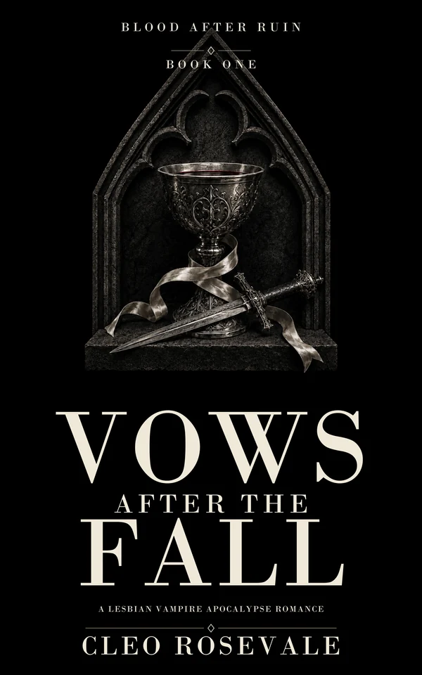 Vows After The Fall by Cleo Rosevale: a silver cup, dagger, and ivory ribbon.